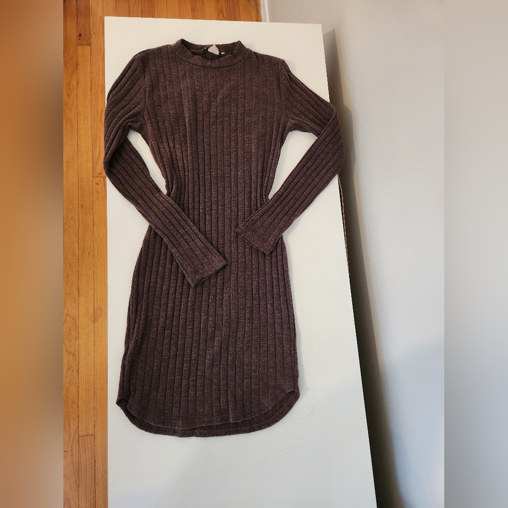 Long Sleeve Brown Ribbed Mini Dress